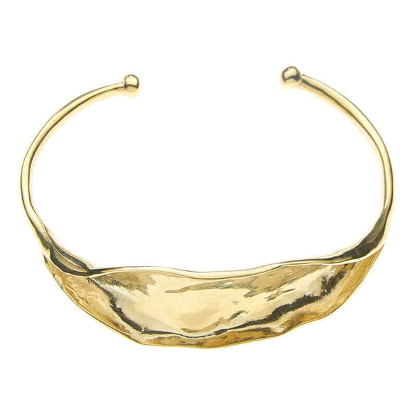 Open cuff polished brass bracelet with organic leaf motif.