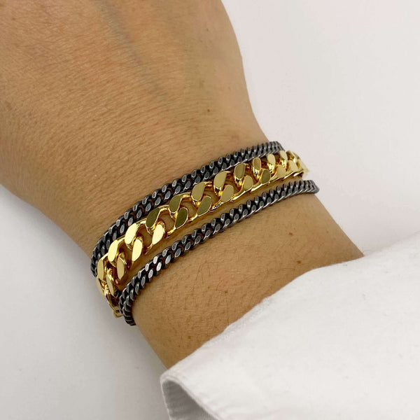 Close-up of hand wearing a uulti-chain bracelet of chunky dark and gold chain.