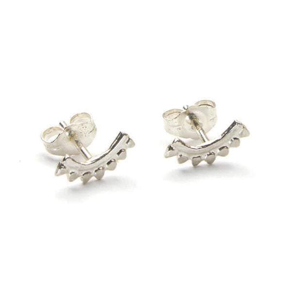 Pair of silver earrings, arc-shaped with little triangular beads, with backings.
