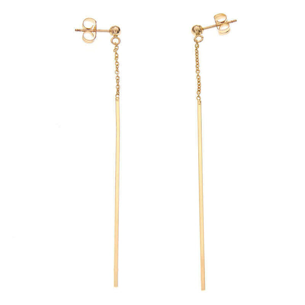 Pair of gold dangle earrings, chain with thin bar on ear post.