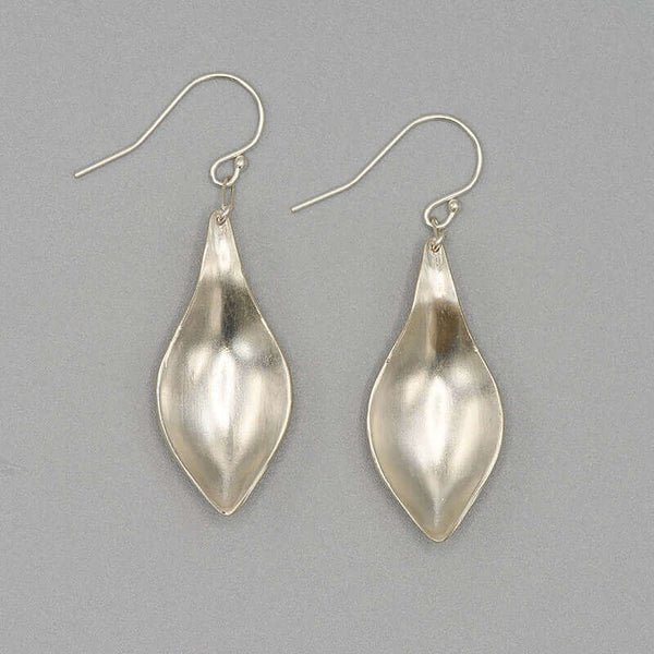 Pair of silver earrings, with curved simple leaf design.