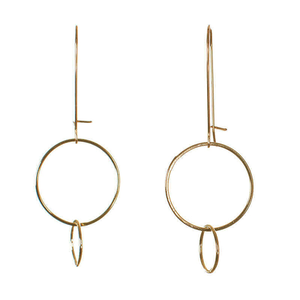 Pair of gold earrings with large and small interlocked circles on long earwire.