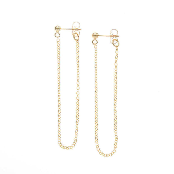 Pair of gold earrings, long loop of delicate chain on a post.