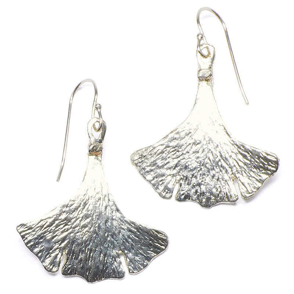 Pair of silver earrings shaped like ginko leaves.