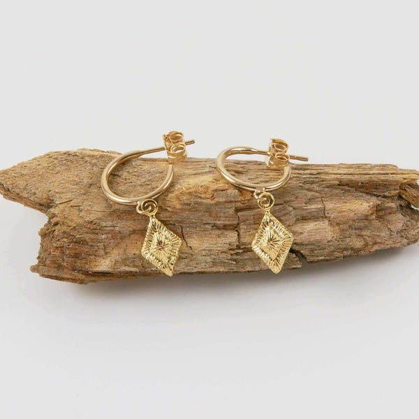 A Pair of Open Hoop Earrings Displayed on Driftwood
