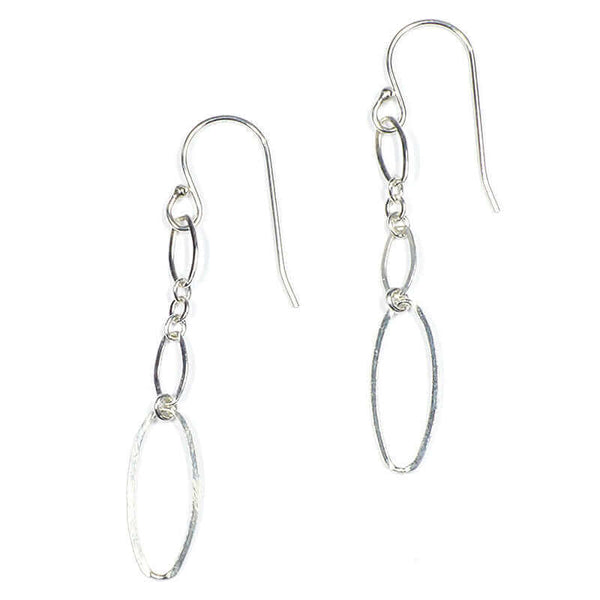 Pair of silver oval chain earrings, with large oval link at end.