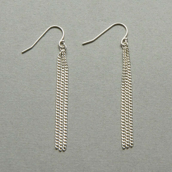 Pair of silver chain tassel earrings, on earwire.