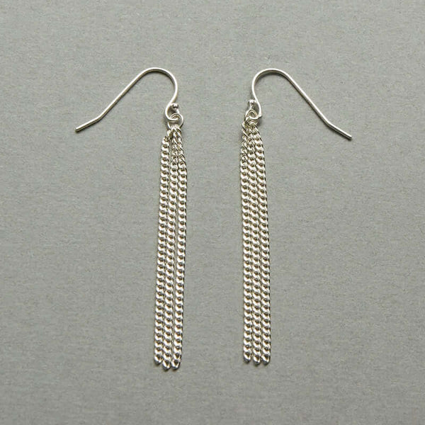 Pair of silver chain tassel earrings, on earwire.