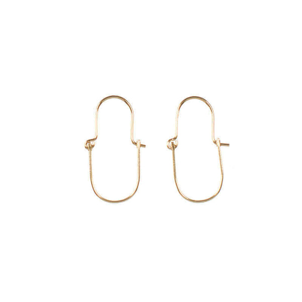 Pair of gold hoop style earrings with curved bar on wire.