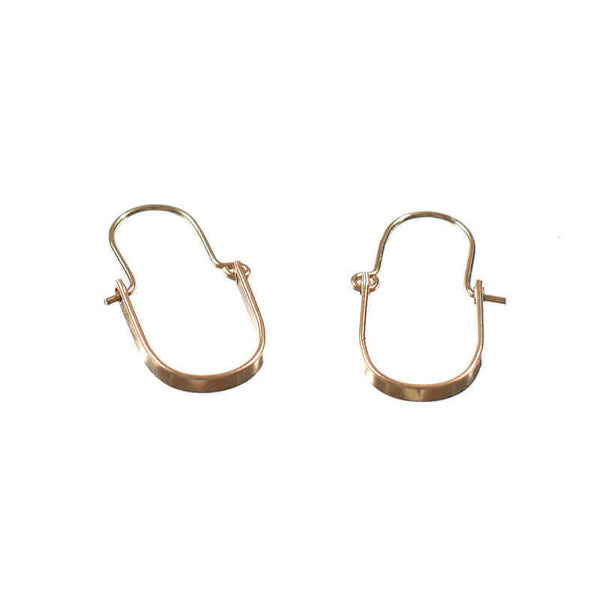 Pair of gold hoop style earrings with curved bar on wire.