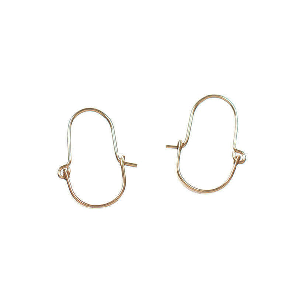 Pair of small gold hoop style earrings with curved bar on wire.