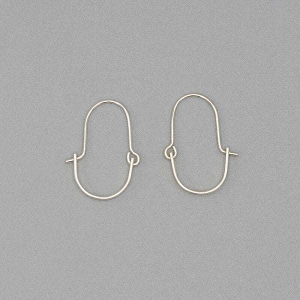 Pair of small silver hoop style earrings with curved bar on wire.