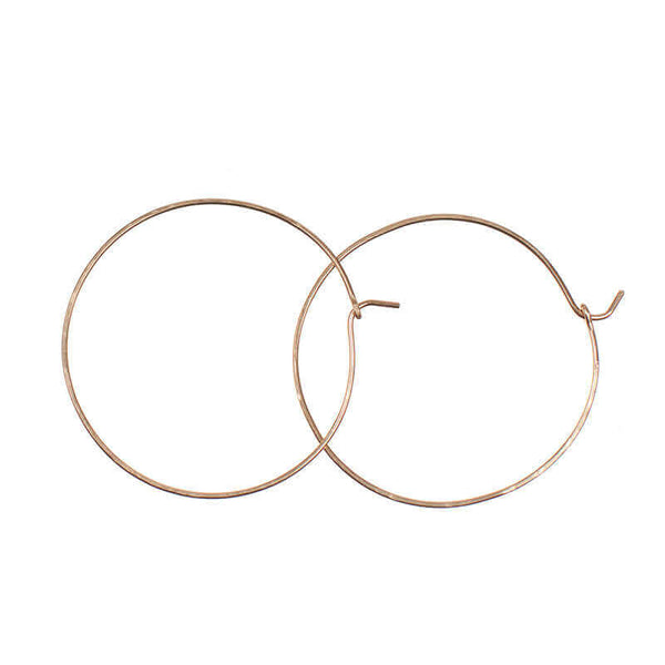 Pair of simple gold hoop earrings with loop and hook as clasp.