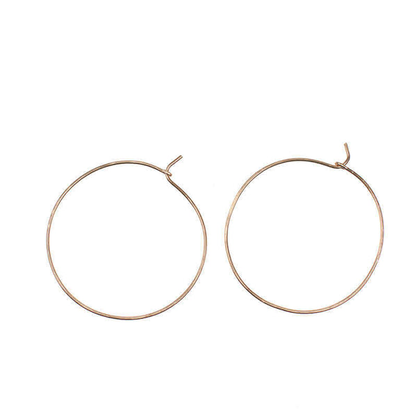 Pair of simple gold hoop earrings with loop and hook as clasp.
