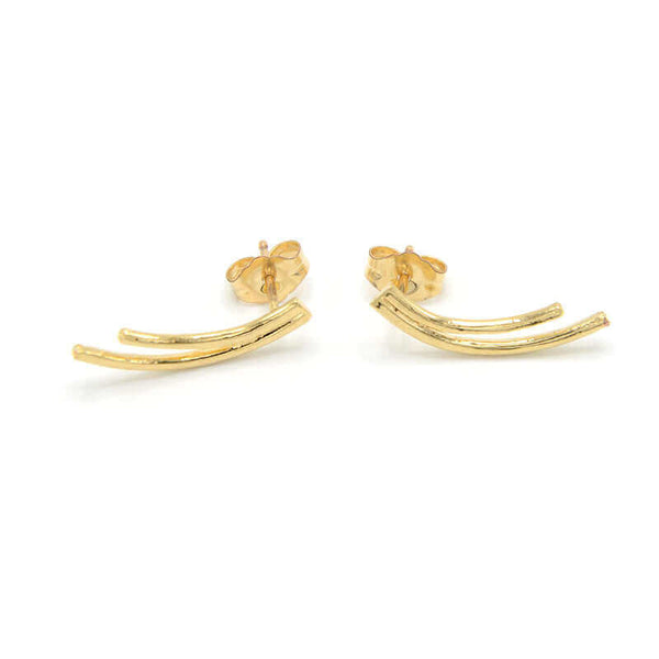 Pair of gold earrings of 2 curved swoops on posts.