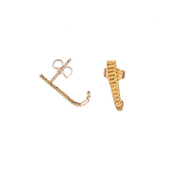 Pair of gold earrings, curved spike with serrations on posts that hooks around earlobe.