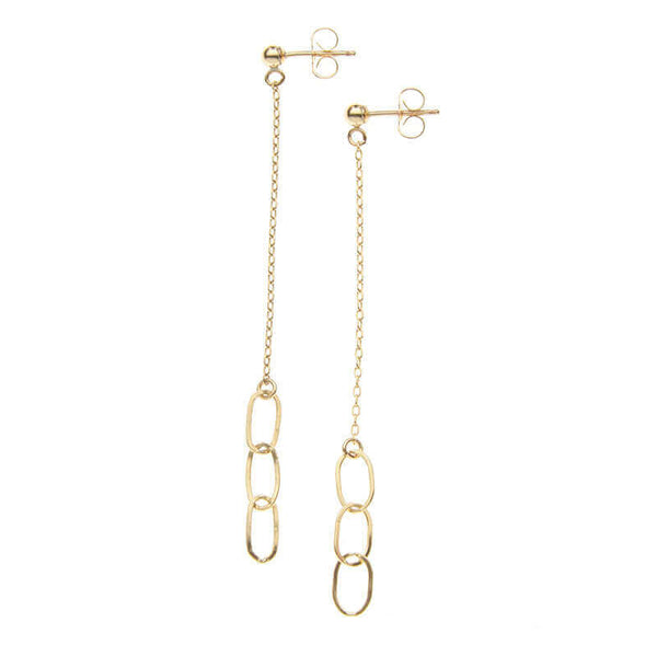 Pair of gold earrings, 3 oval links on gold chain on posts.