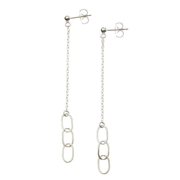 Pair of silver earrings, 3 oval links on gold chain on posts.