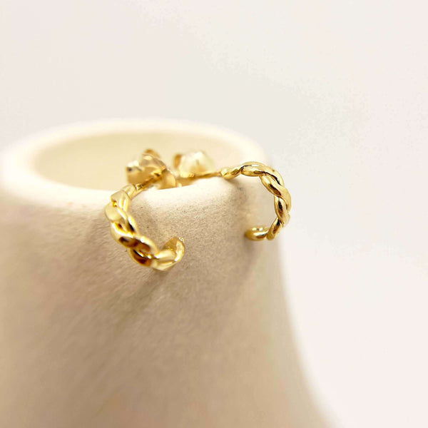 a Pair of Torus Mini Twist Hoop Earrings Displayed on a Stand