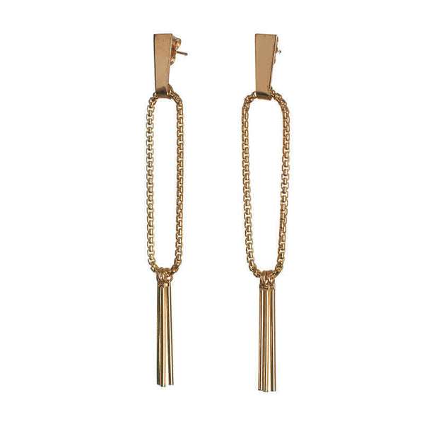 Pair of gold earrings, chain hoop with 3 hanging bars on posts.