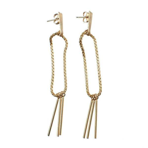 Pair of gold earrings, chain hoop with 3 hanging bars on posts.