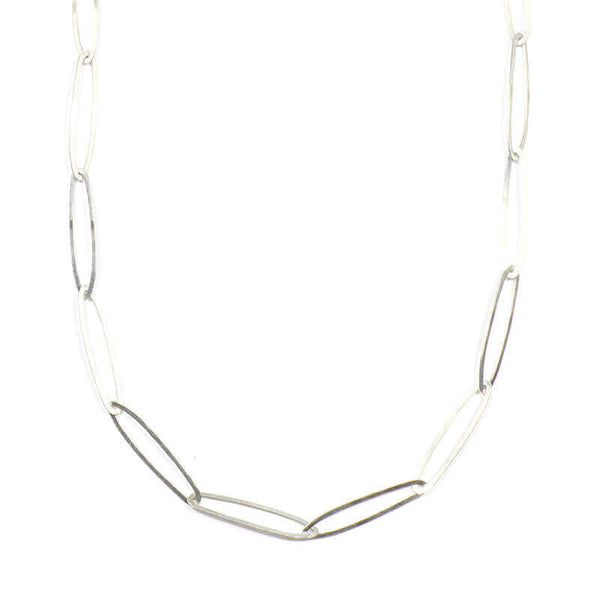 Silver elongated link necklace with clean modern design.