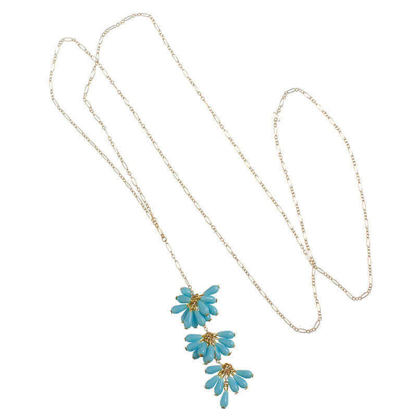 Delicate gold chain necklace with drop pendant of 3 bunches of turquoise beads with single bead at end.