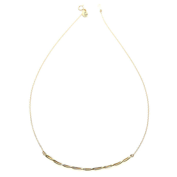 Gold chain necklace with cast twisted rope bar pendant.
