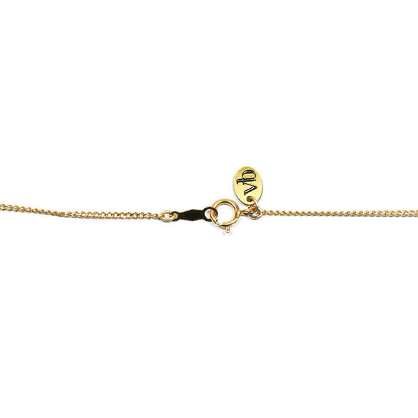 Close-up of gold chain necklace showing clasp detail.