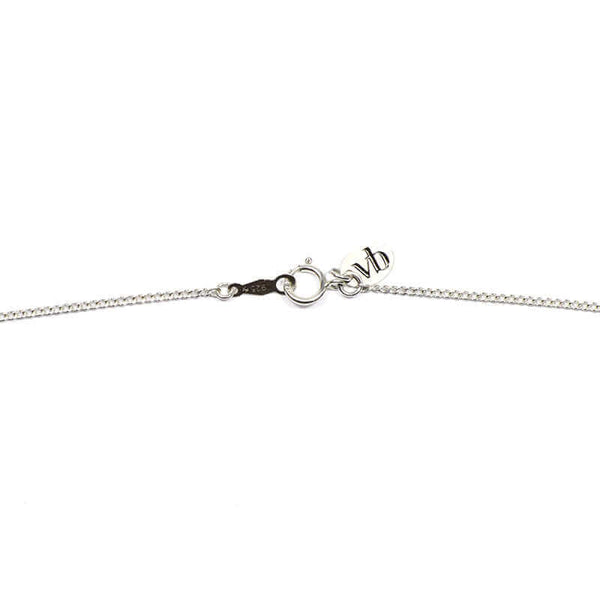 Close-up of silver chain necklace showing clasp detail.