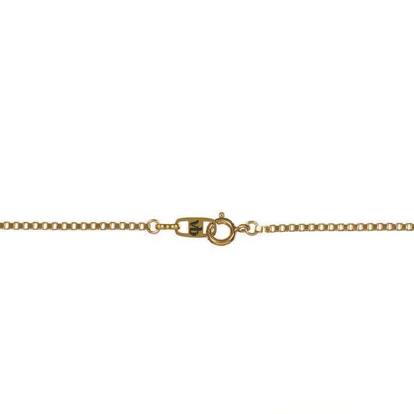 Close-up of clasp detail of necklace with small mbox chain.