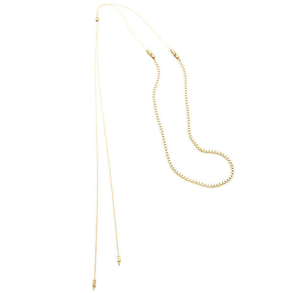 Delicate gold chain necklace with box chain front, and slider for clasp.