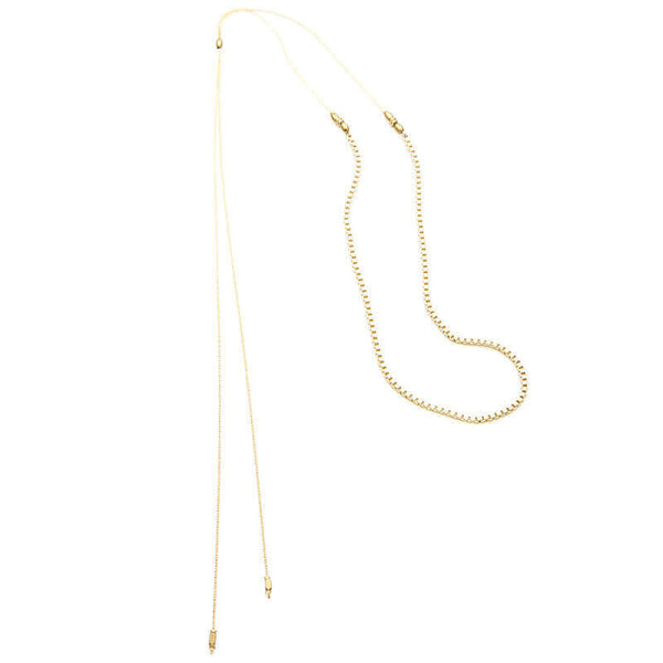 Delicate gold chain necklace with box chain front, and slider for clasp.