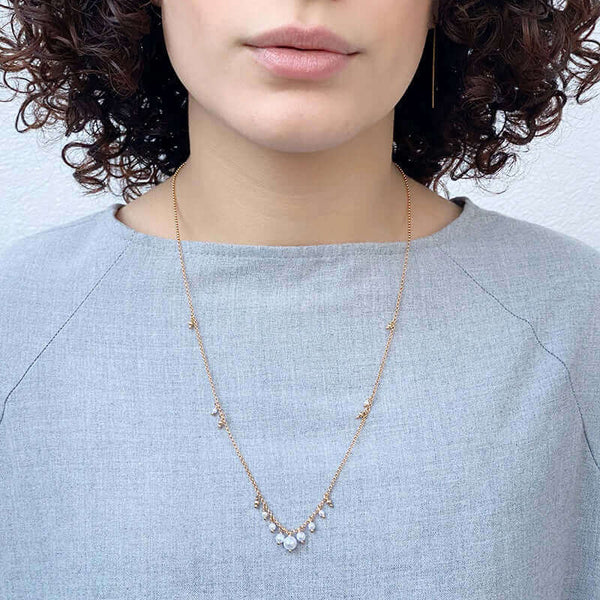 Woman wearing gold necklace with small pearls on side and cluster of pearls as pendant.