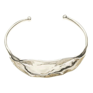 Open cuff polished white bronze bracelet with organic leaf motif.