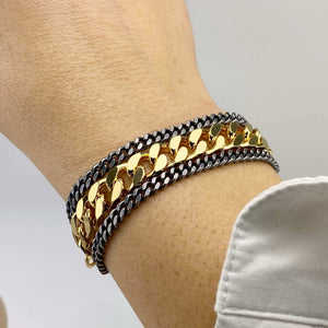 Close-up of hand wearing a uulti-chain bracelet of chunky dark and gold chain.