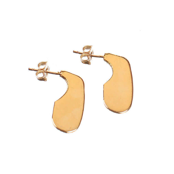 Pair of flat gold earrings on a post, with unique squared oval shape.