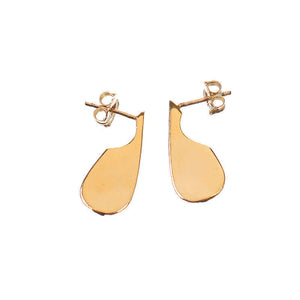 Pair of flat gold earrings on a post, with unique teardrop shape.