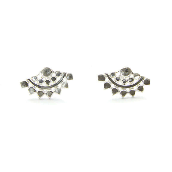 Pair of fan-shaped silver earrings with lace pattern.