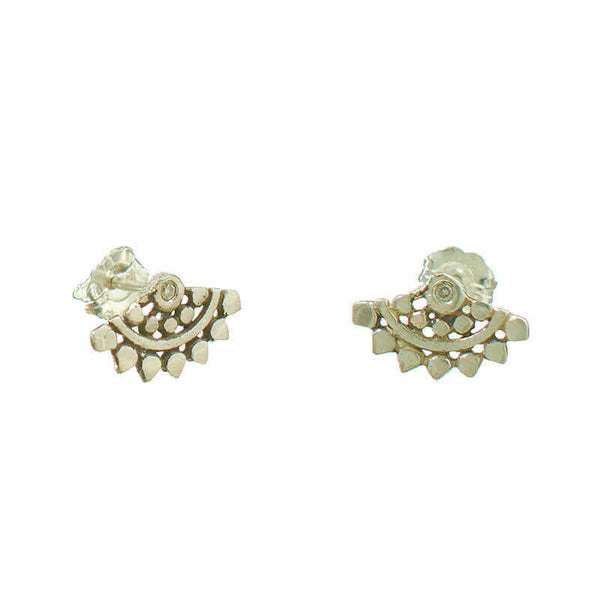 Pair of fan-shaped silver earrings with lace pattern, inset with small diamond, shown facing in.