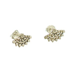 Pair of fan-shaped silver earrings with lace pattern, inset with small diamond.