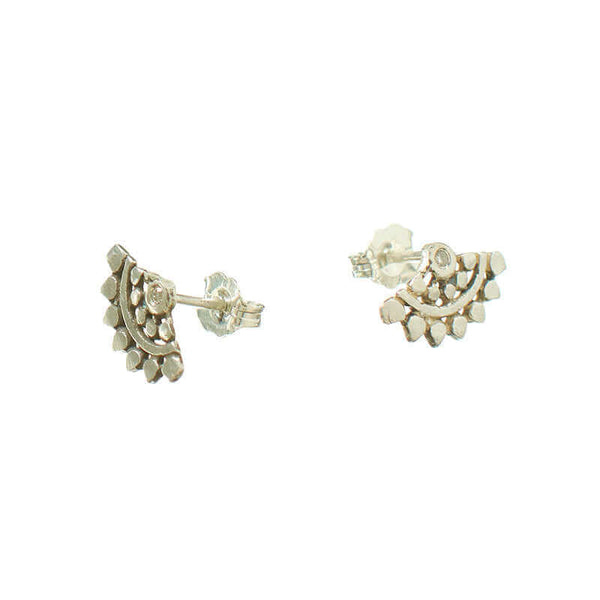 Pair of fan-shaped silver earrings with lace pattern, inset with small diamond, shown facing out.