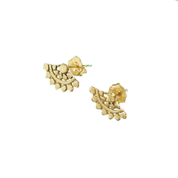 Pair of fan-shaped gold earrings with lace pattern, shown at side angle.