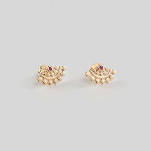 Pair of fan-shaped gold earrings with lace pattern, inset with small ruby.