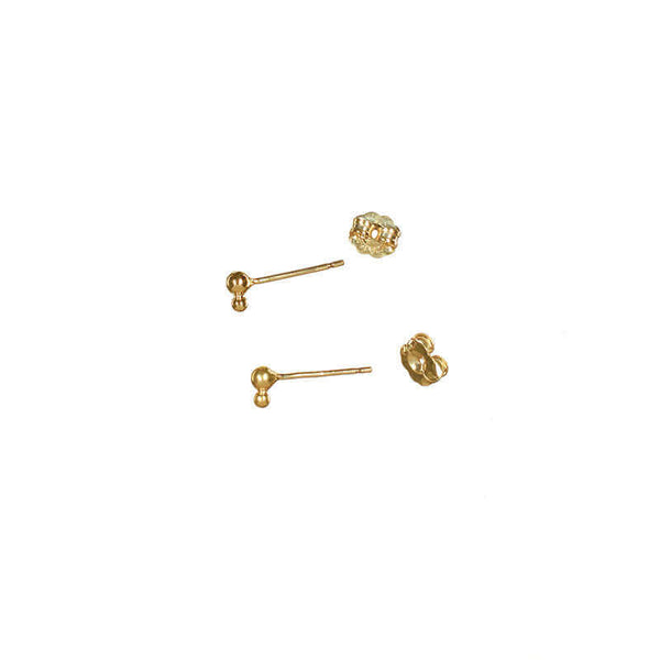 Small gold earrings, 2 small different sized gold beads on a post, shown from side.