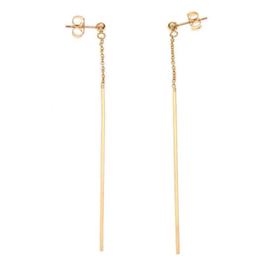 Pair of gold dangle earrings, chain with thin bar on ear post.
