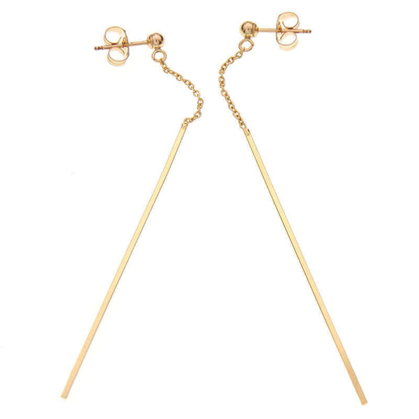 Pair of gold dangle earrings, chain with thin bar on ear post, shown at angle.