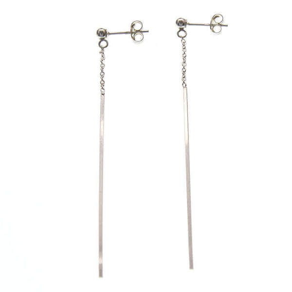 Pair of silver dangle earrings, chain with thin bar on ear post.