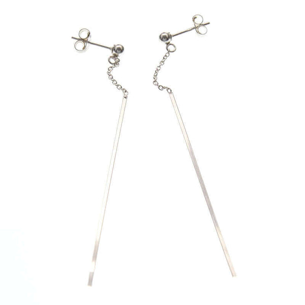 Pair of silver dangle earrings, chain with thin bar on ear post, shown at angle.