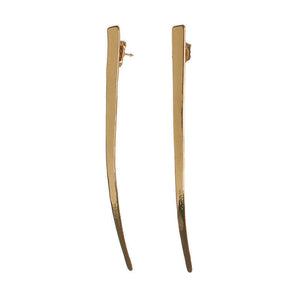 Pair of gold spike earrings, flat spike with a slight curve at tip.